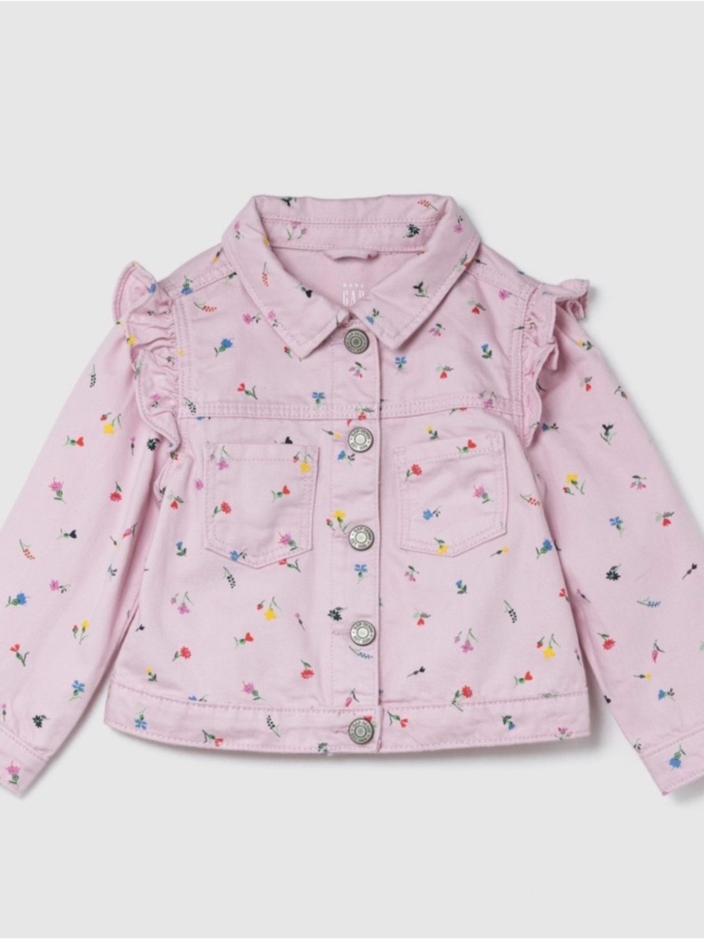 GAP Pink Floral Ruffle-Shoulder Jean Jacket